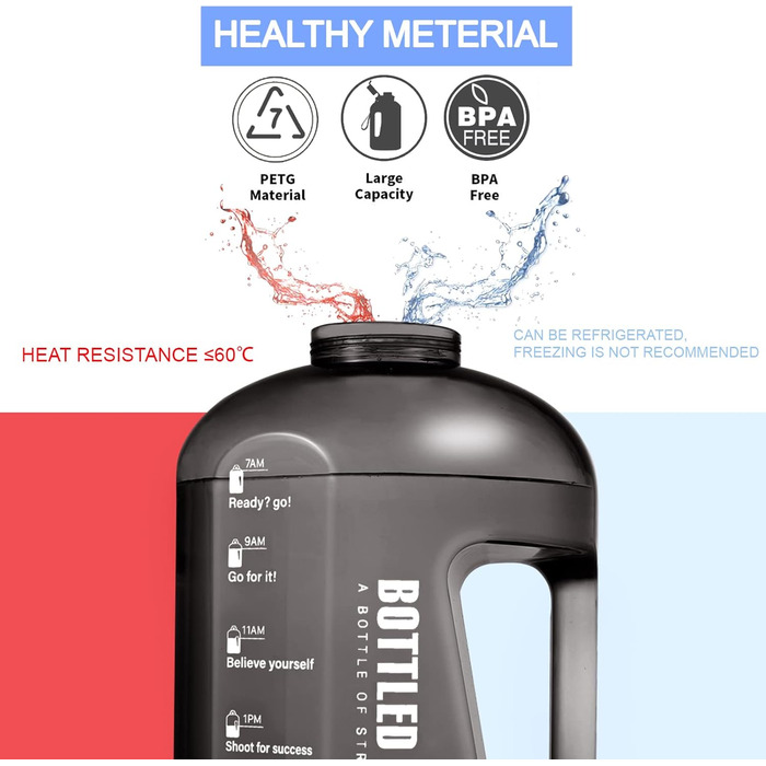 Sports Water Bottle, 1 Gallon/ 3.5L Water Bottle with Time Markings, Leak-Proof, Reusable & BPA-Free Water Bottle with Handle & Cleaning Brush for Gym, Office