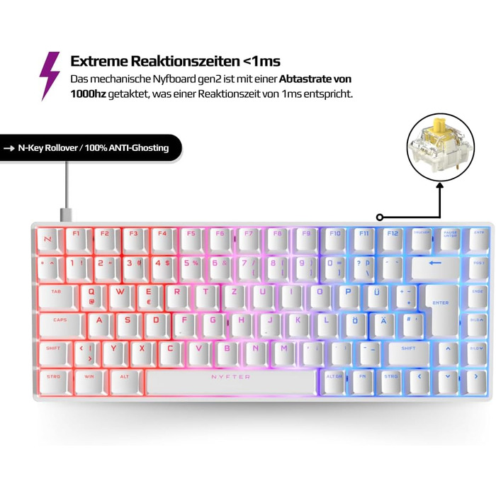 Ігрова клавіатура Nyfter NYFBOARD GEN2 (75%, White) з Gateron Yellow, Hot-Swappable, RGB, ISO DE Layout