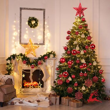 Набір прикрас для ялинки 141 шт. з пластику: матові, глянцеві, з блискітками, з вирізанням. Декоративні кулі для ялинки, червоні. Прикраси для дому та вулиці