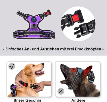 Шлейка для собак PHOEPET регульована, для прогулянок, з карабіном, світловідбиваючими смугами, ручкою, для малих та великих собак (S, фіолетовий)