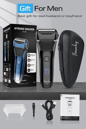 Електрична бритва чоловіча з 3 гнучкими лезами та чохлом для подорожей, тример для точного гоління, вологостійка/суха, 120 хв роботи, акумуляторна, подарунок для чоловіків, чорна
