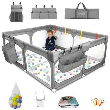 JINXIA Playpen Baby 190x150cm, Baby Safety Gate with Breathable Mesh and Mattress, Extra Large Playpen for Babies and Toddlers, Robust Safety Play Yard for Indoor Fun, XXL, Grey 190×150cm