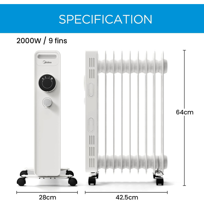 Радіатор масляний Midea 2000W, енергозберігаючий, тихий, з 9 ребрами, термостатом, 3 режими, захист від замерзання, LED дисплеєм, захистом від перекидання та перегріву, ECO-режим