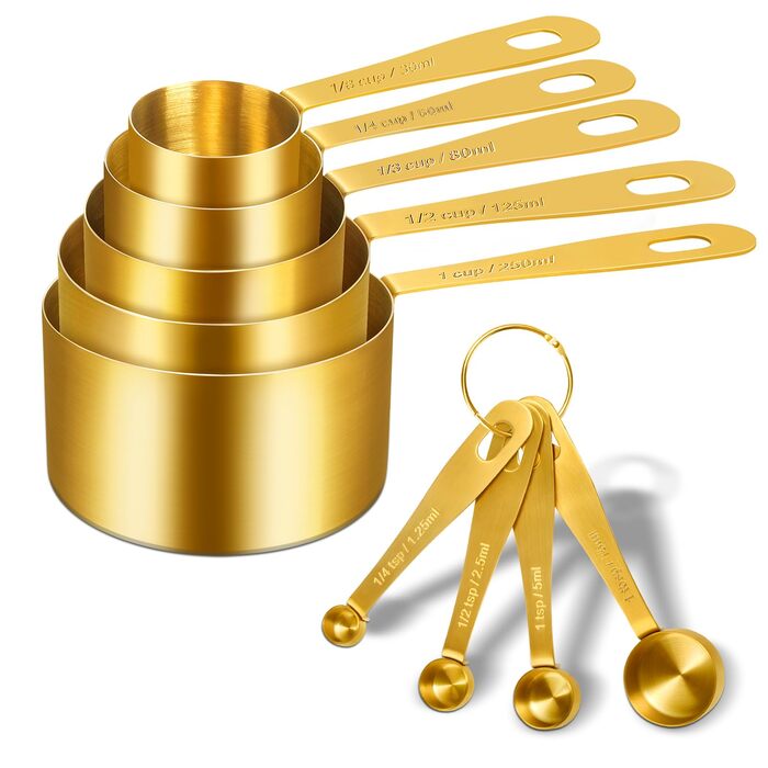 Набір мірних стаканів та ложок Cuteefun Gold, 13 предметів, нержавіюча сталь: мірний стакан 5 чашок, 8 магнітних ложок з рівнем для вимірювання сухих та рідких інгредієнтів для випічки та приготування їжі