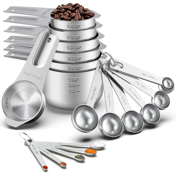 21-Piece Stainless Steel Measuring Cups and Spoons Set, Wildone Stackable Metal Measuring Cups and Spoons for Cooking and Baking, Includes 7 Cups, 9 Spoons, and 5 Mini-Spoons