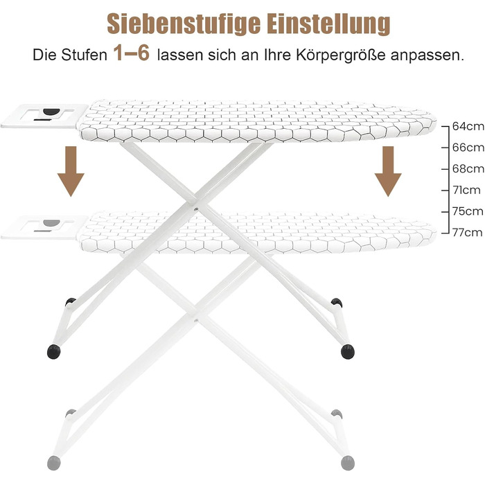 Прасувальна дошка 110 x 38 x 64-77 см, регульована по висоті, з антиковзкими ніжками та чохлом з бавовни, з підставкою для праски (біле в квадратик)