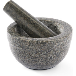 RÖSLE Granite Mortar, High-quality stone mortar with pestle for herbs, spices, curry pastes, or pesto, non-slip base, black granite stone, 13.5 x 13.5 x 8.1 cm, Grey