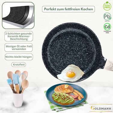 Набір каструль Goldmann 9 шт. з преміум-покриттям – чавунний алюміній з керамічним антипригарним покриттям, підходить для індукційних плит, всіх типів плит, з кришкою з термостійкого скла, для смаження з мінімальним додаванням жиру, стійкий до подряпин, м