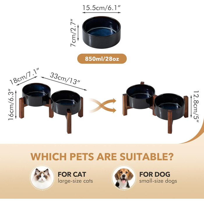 Набір мисок для собак з кераміки з підставкою з акації, 2 рівня, 800 мл, для маленьких собак, дизайн 