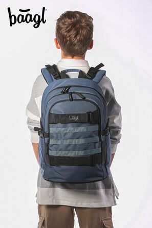 Шкільний рюкзак Baagl для хлопчиків та дівчаток-підлітків зі скейтбордом, відділенням для ноутбука та нагрудною стрічкою (Dust Blue)