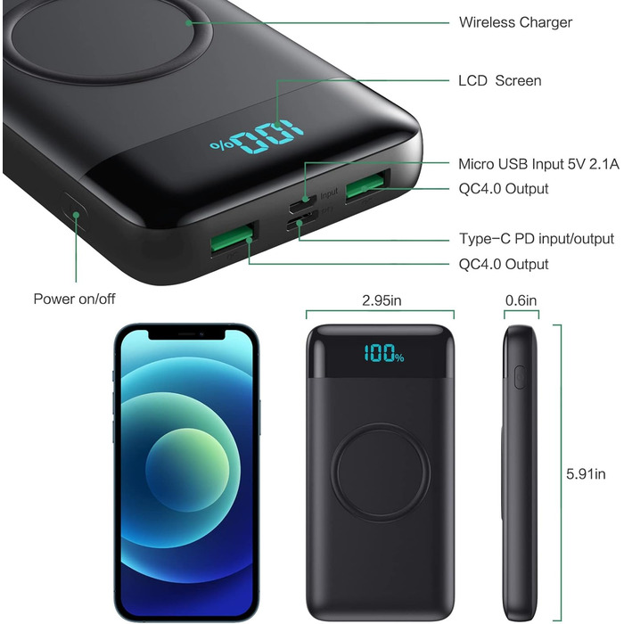 Power Bank 26800mAh з бездротовою зарядкою 15W, 25W PD3.0+QC4.0, 4 виходи USB-C, LCD дисплей, чорний Q2