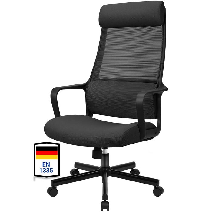 Ергономічне крісло для офісу з регульованою підголівником, крісло для робочого столу з широким сидінням, підтримкою попереку, офісне крісло 200 кг, сітчасте крісло, крісло для дому та офісу, комп'ютерне крісло EN 1335 (Чорний)