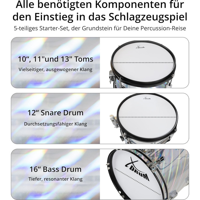 XDrum Junior Pro Kinder барабанний комплект Red - для дітей 5-9 років - з аксесуарами та навчальним посібником (Laser Silver, Single)