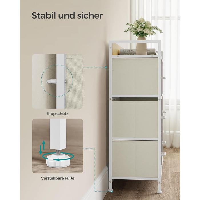 SONGMICS Chest of Drawers, Cabinet, 7 Fabric Drawers with Handles, Metal Frame, Industrial Design, Vintage Brown-Ink Black LTS137B01 (Cream White + Cloud White, 28.5W x 98D x 85H cm)