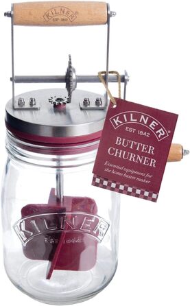 Kilner Butter Churn with Crank Handle made of Glass, Stainless Steel, and Wood in Silver-Dark Red-Brown 1L, 0025.348