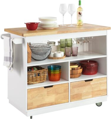 SoBuy Kitchen Cart with Countertop - Rolling Kitchen Island with Spice Rack & Storage - White & Natural Finish