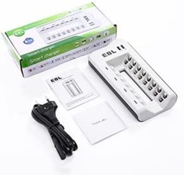 Зарядний пристрій EBL для акумуляторів AA/AAA NI-MH/NI-Cd та USB пристроїв, 8 слотів, LED дисплей, 2 USB порти (без акумуляторів)