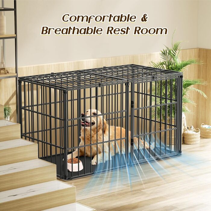 Міцний собачий переносний клітка Pawaboo 56 дюймів: надійний, анти-гризун, з килимком, металевий вольєр для собак з замком, чорний