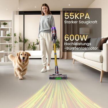 Бездротовий пилосос X7 55Kpa/600W/80Min з LED-дисплеєм, акумуляторний, самостійно заряджається, з антизаплутувальною щіткою, автоматичний режим для килимів, шерсті тварин та твердих поверхонь, золотий