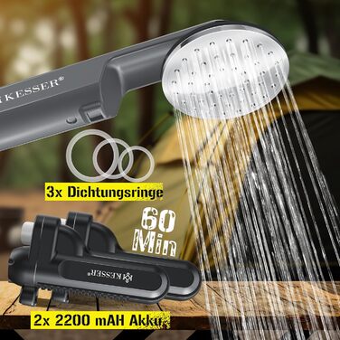 Портативний душ KESSER для кемпінгу з акумулятором, 12В, USB зарядка, занурювальний насос, ручна лійка, для авто, саду, домашніх тварин, у комплекті сумка, антрацит/чорний