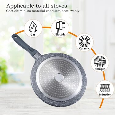 ROSSETTO Crepe Pan Induction 26cm Pancake Pan with PFAS-free Ceramic Coating, Pancake Pan Inner Diameter 24 cm, Die-Cast Aluminum Fry Pan, Suitable for All Cooktops, Sanstone Grey 24cm