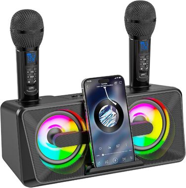 Караоке машина для дорослих та дітей з 2 бездротовими мікрофонами, Bluetooth, світлові ефекти, підставка для телефону, портативна PA система для дому, вечірки, пікніка (чорний)