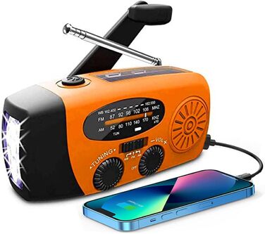 Радіо Solar Radio: портативне радіо з ручним приводом, динамо, AM/FM, 2000mAh Powerbank, ліхтарик LED, зарядка USB для мобільного телефону, для кемпінгу та відпочинку на природі, оранжевий колір