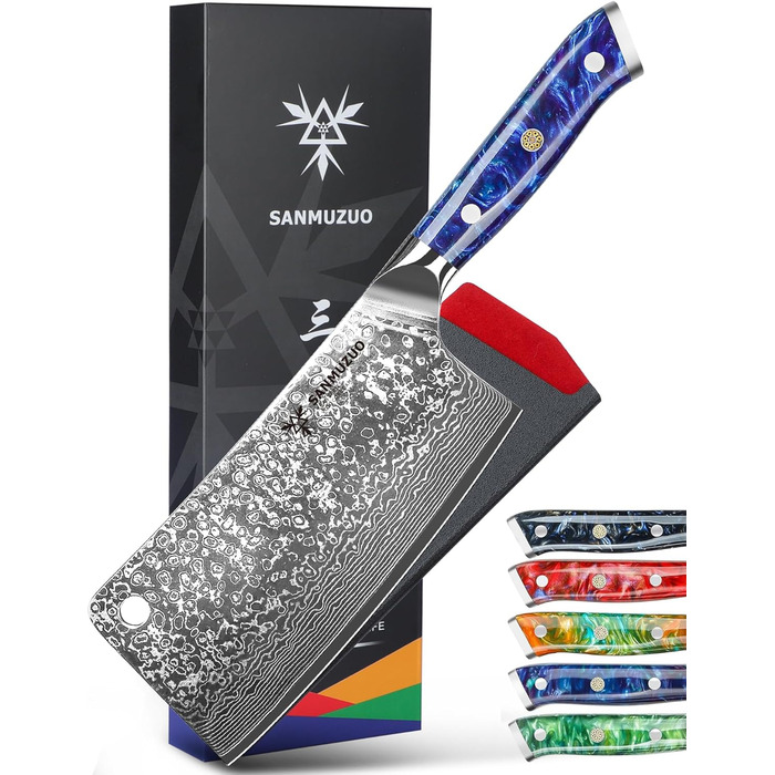 Ніж кухарський Sanmuzuo Hackmesser 17 см, професійний, Дамаск, серія Xuan, VG10 сталь, ручка з епоксидної смоли (сапфірово-блакитна)