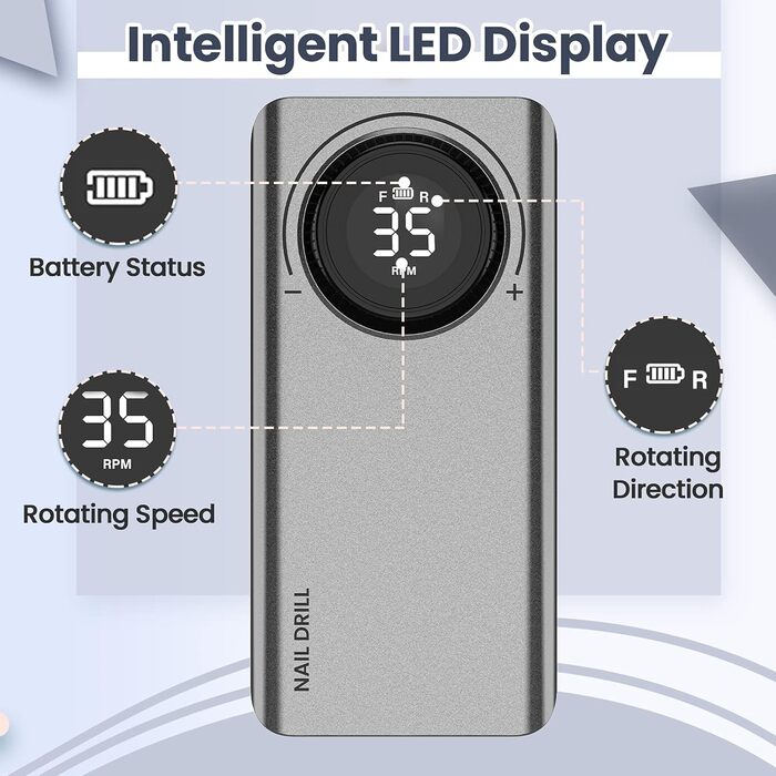 Електричний фрезер для манікюру та педикюру Delanie з акумулятором, 35000 об/хв, для гелю, акрилу та видалення кутикули, з LED-дисплеєм, USB-зарядка (сірий)