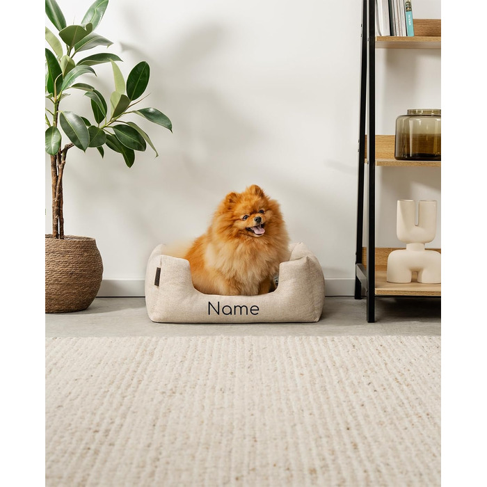 Lionto Dog Basket with Fluffy Reversible Cushion, Cozy Pet Bed in a Marbled Design with Deep Entry for Dogs & Cats of All Sizes, 80x60 cm, Soft Dog Bed, (Beige, L 60 x W 50 x H 22 cm (with name imprint))