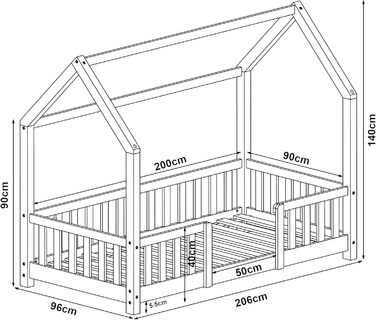 en.casa Kinderbett Sisimiut House Bed 90 x 200 cm with Fall Protection Wooden Bed for Children Floor Bed Slatted Frame Pine Wood Light Grey/White Light Grey / White 90x200 cm