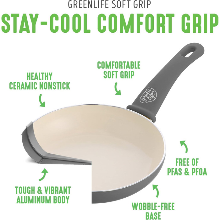 Набір посуду GreenLife Soft Grip 18 предметів: каструлі, сковороди, сотейники з керамічним антипригарним покриттям, без PFAS, турецький колір, для кухні