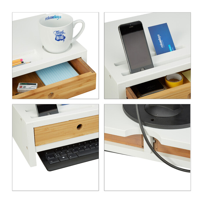 Relaxdays Bamboo Monitor Stand with 2 Drawers, White