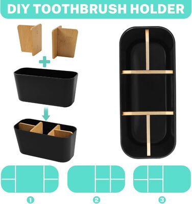 Підставка для зубних щіток з бамбуковими перегородками, органайзер для зубних щіток на 4 відділення + місце для пасти, чорний