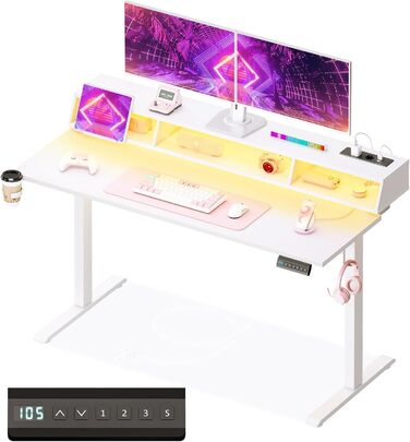 Офісний стіл для геймінгу OffiGo, 140 см, регульована висота, RGB LED, розетки, 3 полиці, тримач для напоїв та навушників, поверхня з карбону, білий