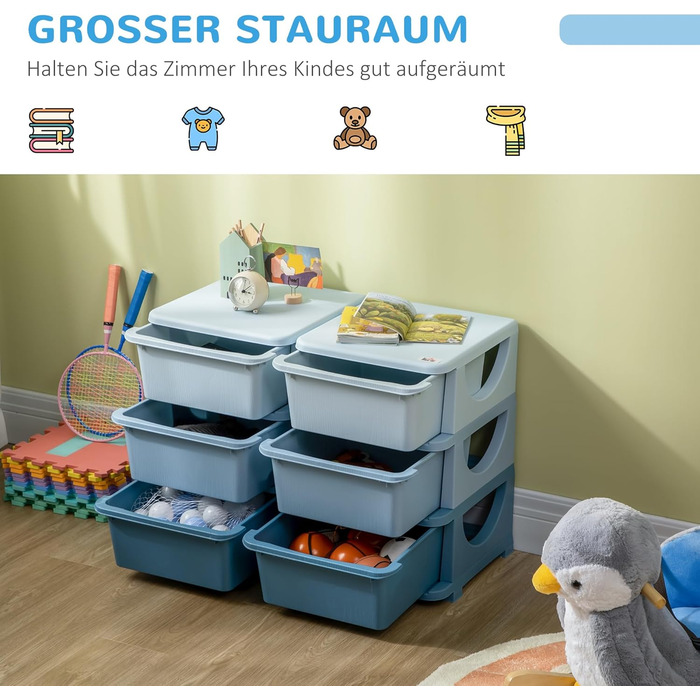 HOMCOM Kids' Storage Chest with Drawers, Toy Organizer, Toy Box, Three Tiers for Children's Room, 3-6 Years, Kids' Furniture, 37 x 37 x 56.5 cm (75L x 37W x 56.5H cm, Blue)