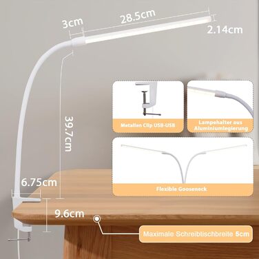 Лампа для столу Homefire LED з кріпленням, регульована яскравість: чорна, 5 рівнів яскравості, 5W, гнучка, для офісу, кабінету, захист очей, денне світло, USB
