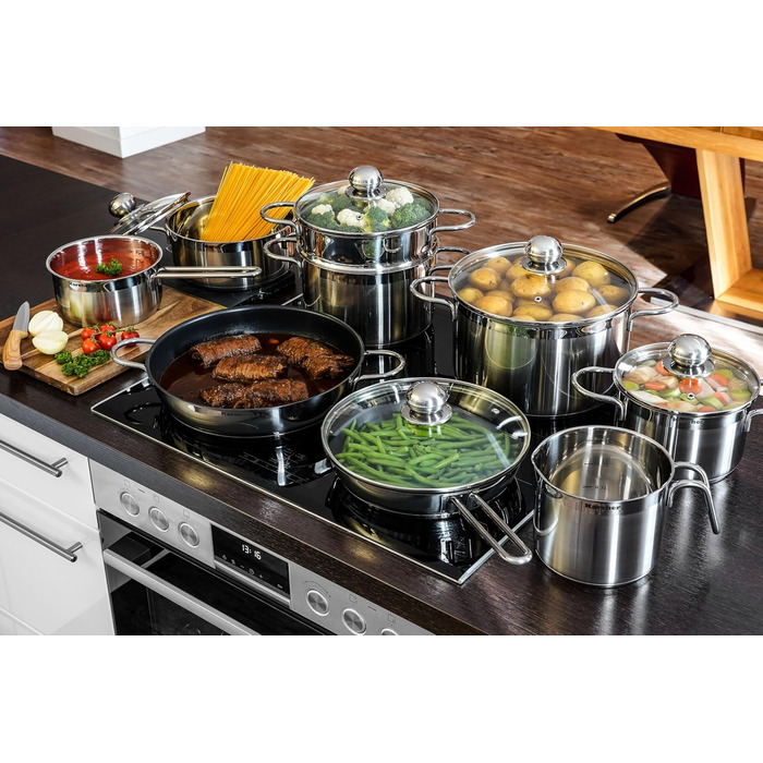 Karcher 14-Piece Stainless Steel Cookware Set with Glass Lids - Induction Compatible
