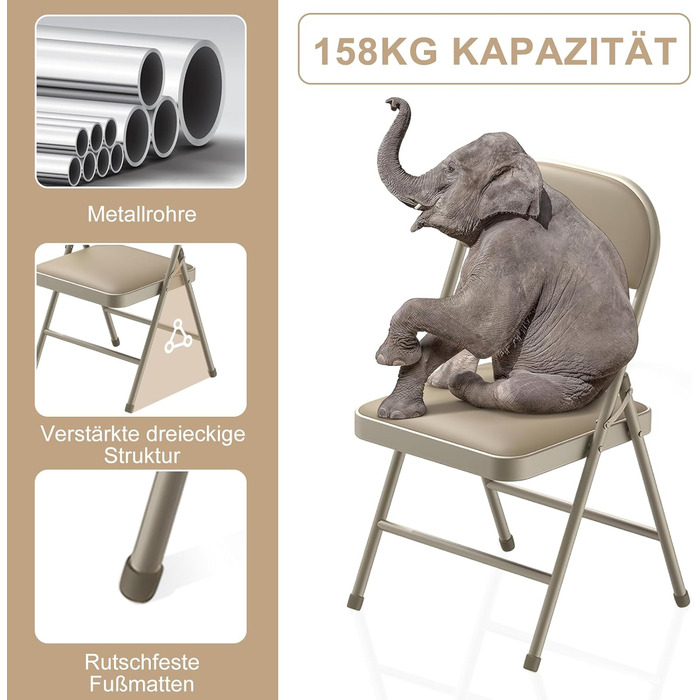 Складаний стілець BULAGE 4 шт для кемпінгу та саду, до 158 кг, PU шкіра, колір хакі