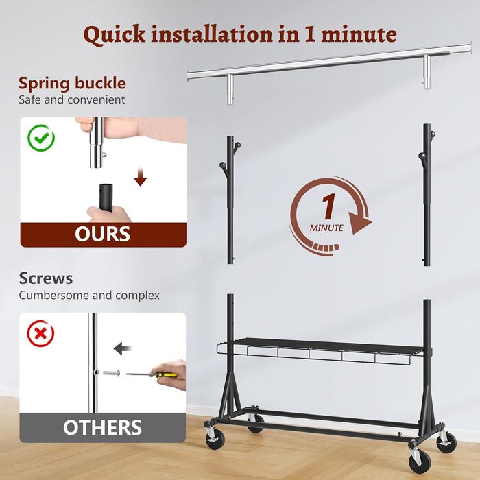 Легкий мобільний вішак для одягу на колесах FAVOOOSTY, металевий, до 200 кг, чорний, 1 стяжка