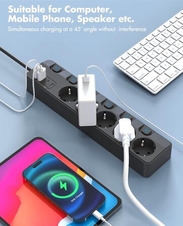 Багаторозетка на 5 розеток з індивідуальними вимикачами, KEPLUG, з USB, захист від перенапруги, для стіни, 2 м, чорна