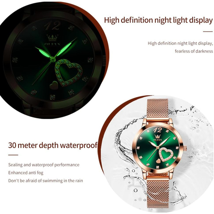Годинник жіночий OLEVS Roségold з серцем-діамантом, чорно-біле циферблат, кварц, водонепроникний, комплект з браслетом, годинники для жінок (5189: Зелений)