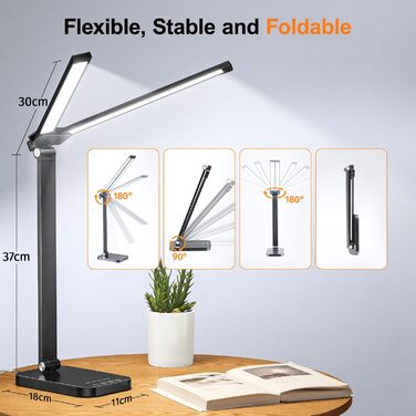 Настільна лампа One Fire з адаптером, 1000 люмен, 96 LED, диммування, для навчання дітей, з таймером та функцією пам'яті, денне світло, білий/чорний колір