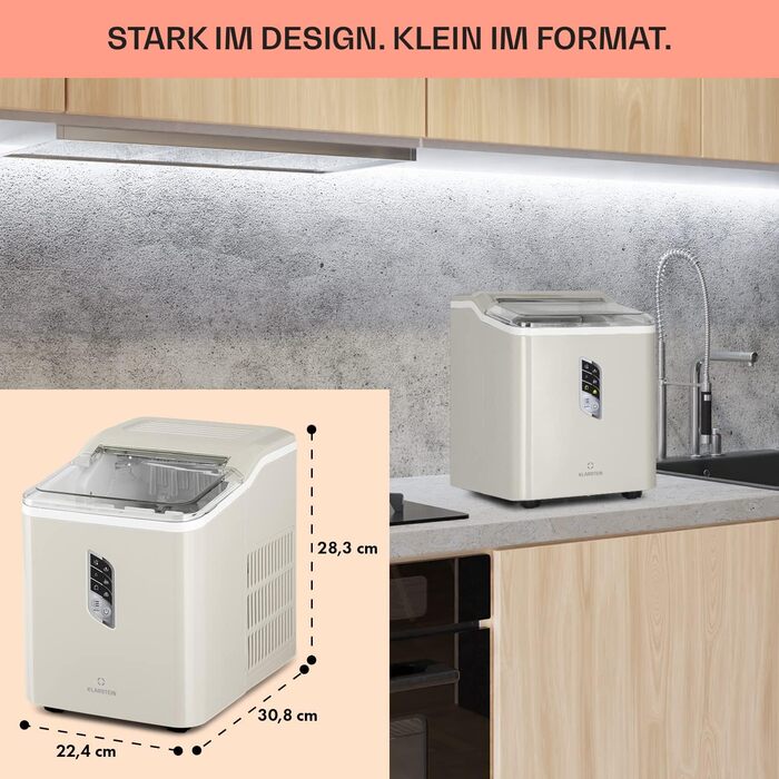 Klarstein Ice Cube Machine Small, Fast Ice Cube Maker, Self-Cleaning Ice Cube Maker, Ice Cube Device for Large and Small Ice Cubes, with Ice Cube Container, 12kg/24h, Capacity 1.5 L (Creme)