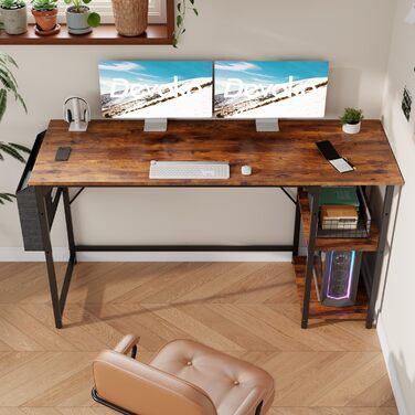 Devoko 140cm Computer Desk with Reversible Shelf, Small Desk with Headphone Hooks, Small Computer Desk for Home Office, Small Office Desk for Home Office, Vintage Brown 140 x 50 cm Vintage Brown
