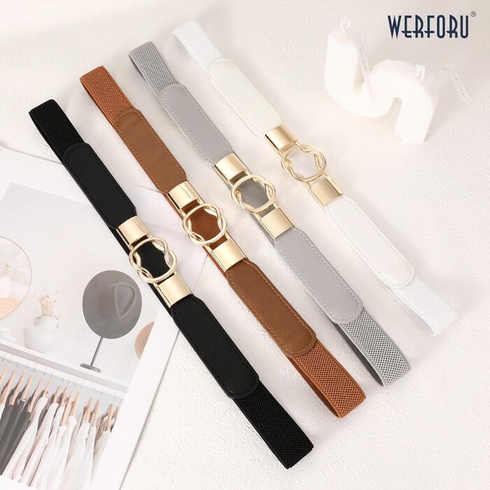 Жіночий еластичний пояс WERFORU (4 шт) – чорний, коричневий, білий, сірий, розмір 95-108 см, золота пряжка