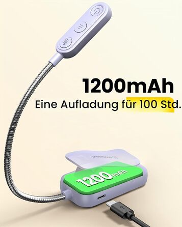 Світлодіодна лампа для читання Glocusent з прищіпкою, 20 LED, USB-аккумулятор, 5 режимів кольорової температури та регулювання яскравості, гнучка на 360°, лавандова