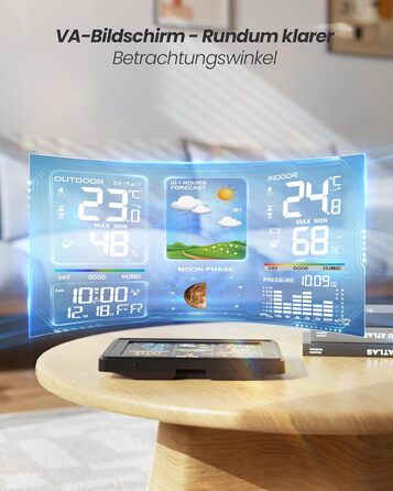 Метеостанція бездротова BALDR з зовнішнім датчиком, колірний дисплей, годинник DCF, термометр/гігрометр, прогноз погоди, барометр, фази місяця, живлення від мережі