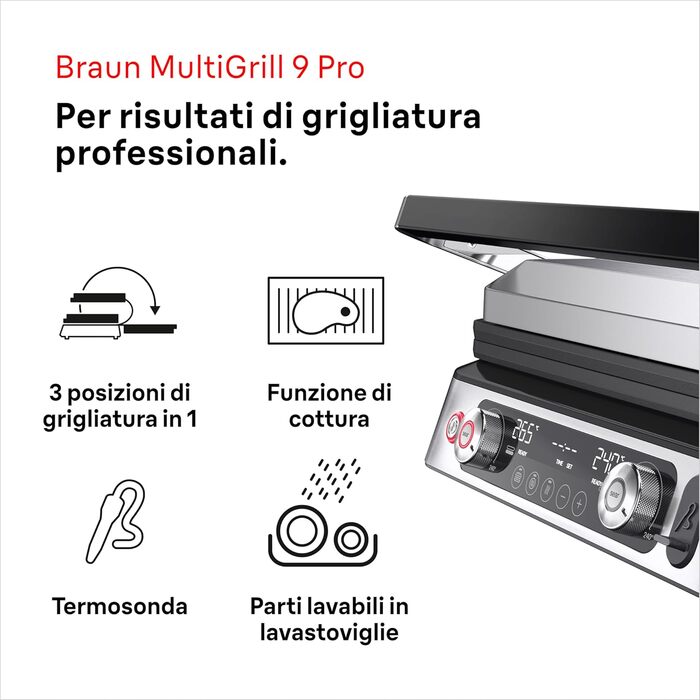 Електрогриль Braun MultiGrill 9 Pro CG 9160 з двома незалежними термостатами, 3 режимами приготування, антипригарними знімними пластинами, вбудованим термощупом, 2200 Вт, чорний/нержавійка