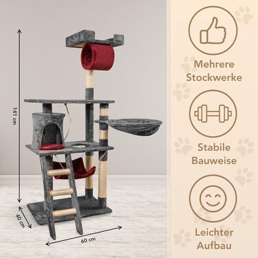 Кігтеточка для котів Foxdevil від xonic® - стабільна, багатофункціональна з платформою, гамаком, будиночком, іграшкою та сходами (141 см, сірий/червоний)